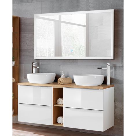 Badezimmer Waschtisch & LED-Spiegel Set TOSKANA-56 in Hochglanz weiß., mit 2 Keramik-Aufsatzbecken, BxHxT ca. 140/190/46cm (1/5)