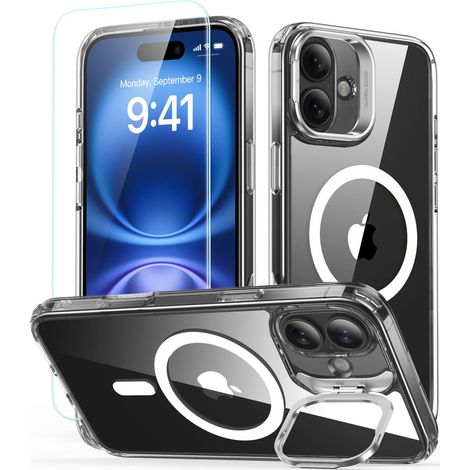 Soporte híbrido clásico ESR, Halo Lock, MagSafe y cristal templado para iPhone 16 transparente (1/5)