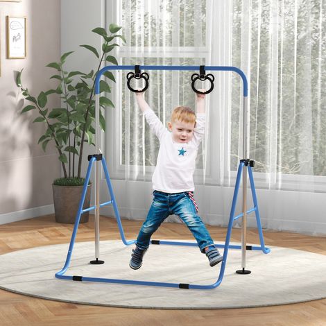 Barre de Gymnastique Artistique pour Enfants à Hauteur Réglable avec 2 Anneaux, en Acier, 148x105x88-128 cm, Bleu (1/5)