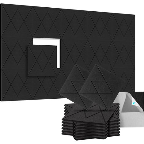 Lot de 12 panneaux acoustiques auto-adhésifs, rembourrage insonorisant en polyester, panneaux muraux insonorisants haute densité, 30 x 30 x 1 cm, noir (1/5)