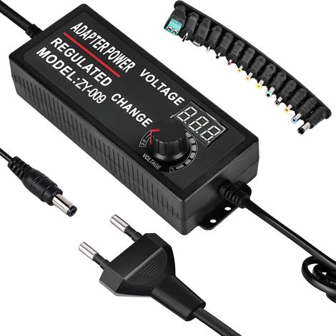 Alimentation réglable 3 V-24 V : bloc d'alimentation universel réglable AC/DC Adaptateur d'alimentation universel 3 A 72 W avec indicateur de tension LED et 14 fiches adaptateurs (1/5)