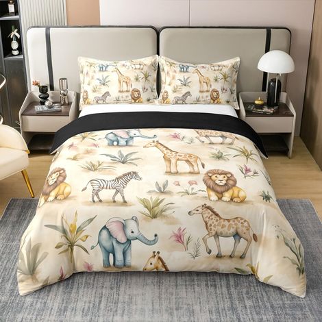 Cotton Animal Bedding Set, Giraffe Duvet Cover, Lion Bedding Set, Elephant Bed Linen, Desert Bed Cover for Children, Teenagers, Adults, 140 x 200 cm, 1 Pillowcase, Beige (1/5)