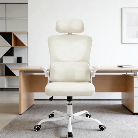 Fauteuil de bureau ergonomique beige à roulettes OKMYHOME (1/4)