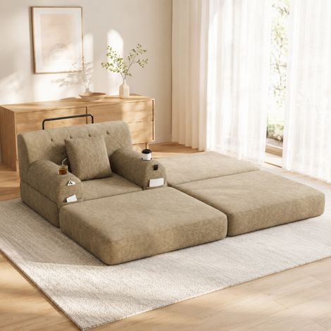 Sillón cama 107 x 162 x 81 cm de pana kaki con portavasos y bolsillos laterales (1/5)