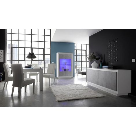 Vitrine 2 portes, collection FALL, coloris blanc mat laqué et gris aspect béton (1/2)