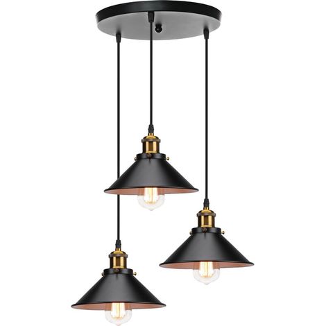 Lumières Suspension Rétro Industriel Plafonniers Design Edison Métal Lustre Suspension Avec Support De Plaque Circulaire, Ø 22cm, Noir Et Blanc
