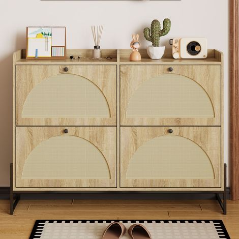 Scarpiera 120 cm stile rustico effetto legno, con 4 ante in rattan, ripiano regolabile, per ingresso e corridoio – mobile contenitore moderno per 24 paia