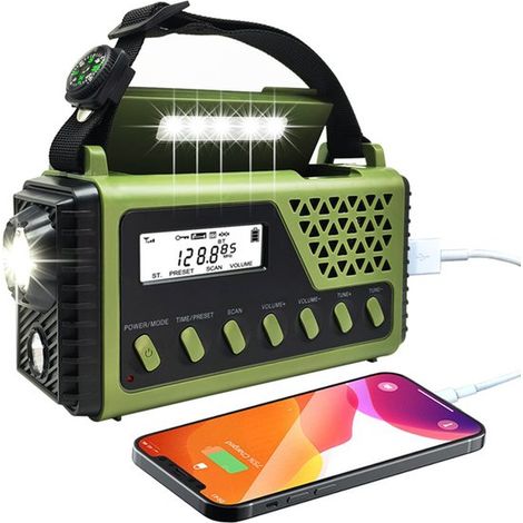 Radio portatile in verde retrò, radio solare FM/AM/SW con maniglia per il trasporto, funzione power bank con batteria da 8000 mAh, porta USB/allarme SOS/bussola/torcia a LED (1/5)