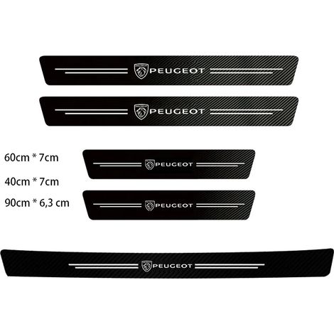 (5 pièces) Autocollants décoratifs en fibre de carbone pour seuils de porte et coffre de voiture, compatibles avec Peugeot 208, 3008, 308, 206, 2008, 207, 107, 508, 607, 106, 406, 407 et 307. (1/4)
