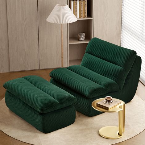 Fauteuil bean bag en velours côtelé vert avec repose-pieds, dossier et coussin amovibles, largeur 101 cm (1/5)