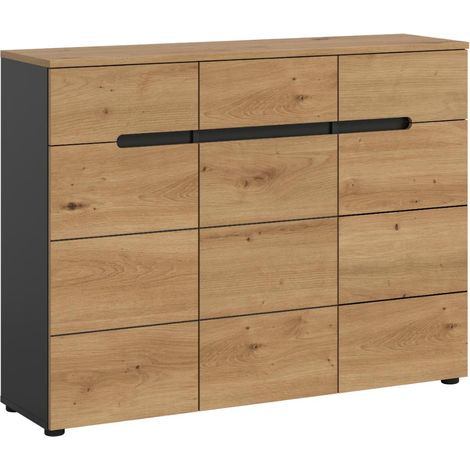 Canu Schuhschrank 3 Türen, 3 Schubladen Eiche Dekor, grau.