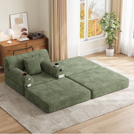 Fauteuil convertible 1 place 107x162x81 cm vert avec repose-pieds, velours côtelé, MEUBLIV (1/5)