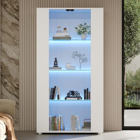 Vitrine 80×36×150cm 2 portes vitrées, 4 étagères, éclairage LED orientable, design moderne blanc pour salon (1/5)