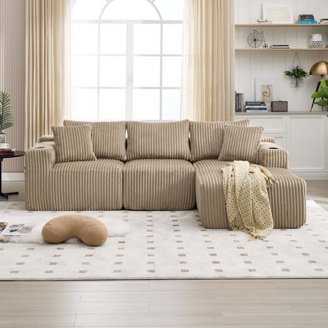 Canapé modulable 3 places en velours côtelé kaki, méridienne, 5 coussins, porte-gobelets et poches latérales, sans montage, 257x160x62 cm (1/5)