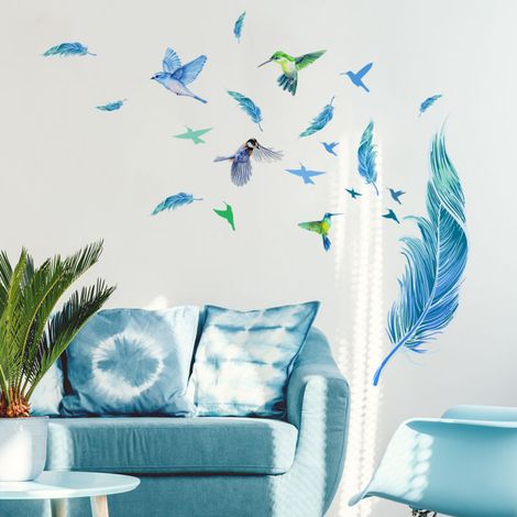 Adesivi murali con piume blu e colibrì per decorare soggiorno, camera da letto e sala da pranzo. (1/4)