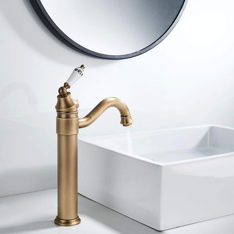 Mitigeur de Lavabo à Bec Haut Pivotant 360° en Laiton Massif - Robinet de Salle de Bain Chaud/Froid Anti-Fuite (1/4)