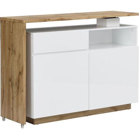 Mobile da bar girevole 2 ante, 1 cassetto e 1 nicchia MDF Bianco laccato e Rovere - ELDIR (1/5)