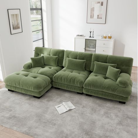 Sofá esquinero modular L 313 x 145 x 81 cm con ottomana, chenilla verde DESVIAE (1/5)