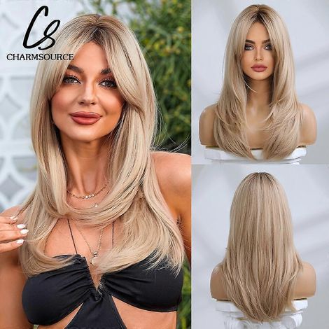 Perruque synthétique mi-longue, lisse, naturelle, blond sable avec reflets dorés et dégradé, avec frange sur le côté, pour femme, usage quotidien.