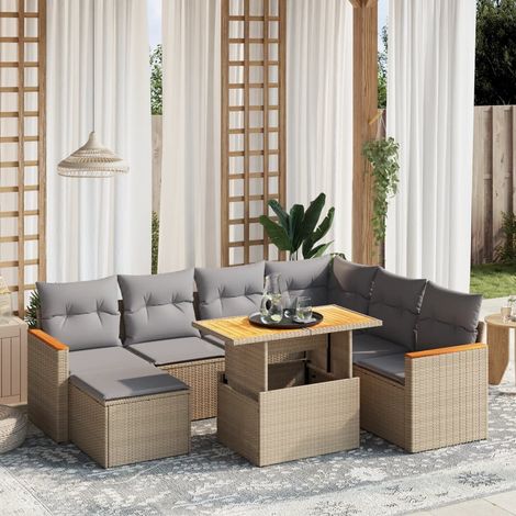 Ensemble Salon Jardin 8 Places Résine Tressée Beige avec Coussins Gris - Table Réglable Hauteur, Mobilier Extérieur Modulaire (1/3)