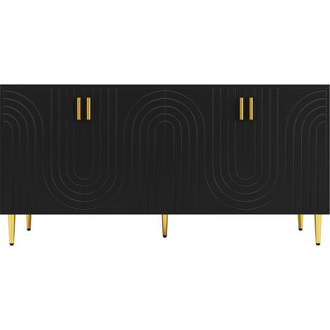 Buffet noir (152 x 40 x 75 cm) avec un design ondulé unique et poignées et pieds dorés,créant un élégant coin repas(MI)