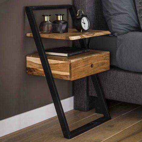 Table de chevet Loku 45cm, 1 tiroir - bois d&039acacia (1/5)