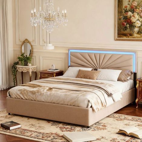Bettgestell,ANTIBOU,140x190 cm,LED,mit 4 Schubladen,Leinenstoff,Bettgestell 140x190 cm,Beige