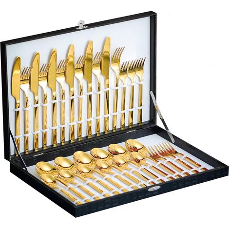 Ménagères Couverts de Table Or en Acier Inoxydable 18/10, Cuillère, Couteau et Fourchette Cuisine de 30 Pièces pour 6 Personnes avec Coffret/Boîte Cadeau - 30 Pièces (1/5)