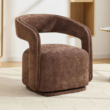 Fauteuil pivotant 065, rotation à 360°, design tonneau, fauteuil lounge pour salon et coin lecture, fauteuil d'appoint en chenille texturée, marron