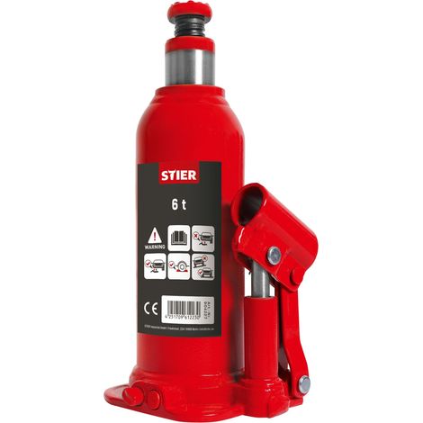 STIER Hydraulik Flaschen-Wagenheber, hohe Belastbarkeit von bis zu 6 Tonnen, mit langem Pumphebel, Car-Jack, Hubhöhe bis 413 mm, geschweißter Flaschenwagenheber, kompakt