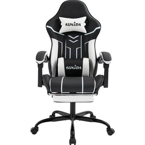 Silla gaming de carreras, ergonómica, de oficina de piel sintética con soporte lumbar y reposapiés para oficina y gaming (blanco y negro). (1/5)