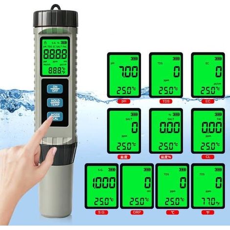 pH-mètre et chloromètre numérique - appareil de mesure de la qualité de l'eau pour piscines - grand écran - testeur multifonction 8 en 1 - mesure le TDS et la CE - portée de 1 m (1/5)