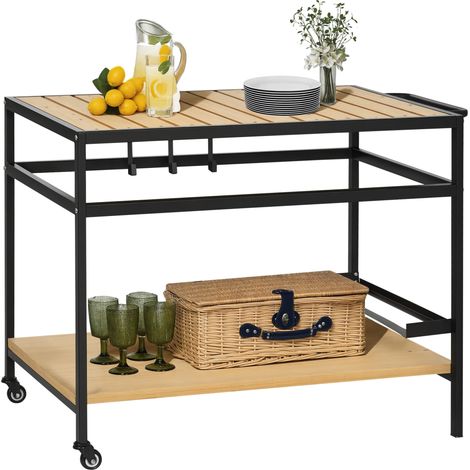 Bandeja para barbacoa con 2 estantes y 3 ganchos, carrito de jardín, 107 x 65 x 80 cm, negro natural.