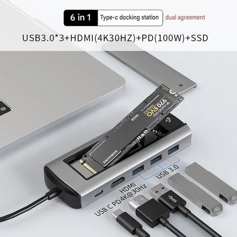 Station d'accueil USB-C 6-en-1, avec boîtier pour disque dur portable M.2 SSD, hub USB-C (compatible SATA+NVMe), hub multifonction SSD