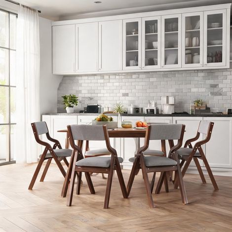 Chaises pliantes en bois massif et lin gris lot de 6 (1/5)