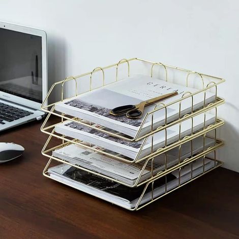 4 Stück A4 Ablage Briefablage, Metall Dokumenten Ablage, Stapelbar Papierablage, Schreibtisch Schreibtischablage Ablagefächer für Büro, Schreibtisch, Briefpapier, Dokumente (Gold)