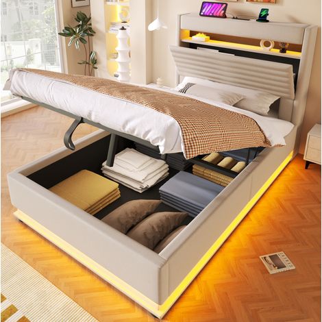 Letto contenitore 90x200 cm beige in lino con LED, porte USB/Type-C e sollevamento idraulico (1/5)