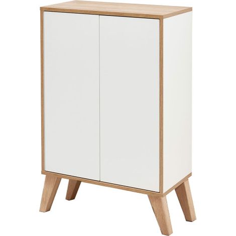FACKELMANN FINN Badmöbel Set 2 Teile / Doppel-Midischrank mit Push-to-Open fürs Bad / 4 Holzfüße / Badschrank mit 2 Türen / Korpus & Front: Weiß / Rahmendekor & Füße: Braun hell / Breite: 60 cm"-"0621 (1/5)
