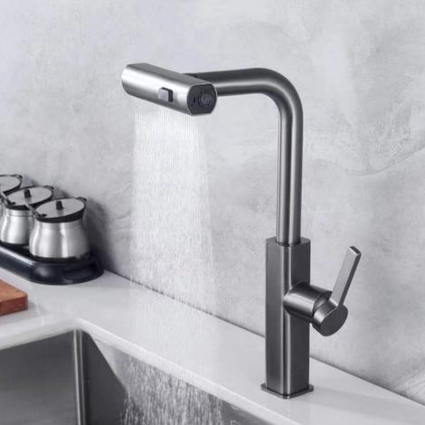 Robinet d'évier monté, mitigeur flexible pour évier de cuisine chaud et froid avec 3 modes de jet, robinet extractible sur le pont-gris pistolet (1/5)