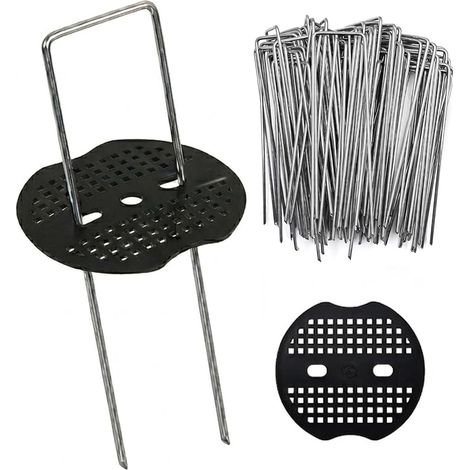 Lot de 100 piquets galvanisés + rondelles (150 x 40 mm, Ø 3 mm) - Ancrage au sol en forme de U pour non-tissé de jardin, gazon artificiel, camping, jardinage anti-rouille (1/5)