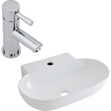 Milano Overton White Ceramic 555mm x 395mm Oval Countertop Bathroom Basin Sink and Mono Basin Mixer Tap (1/5)