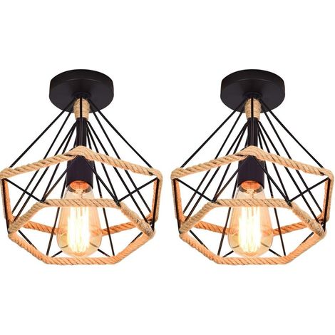 2 Stück Deckenleuchte Retro Diamant 25cm Metallkäfig mit Hanfseil Vintage Hängelampe Lampe E27 für Wohnzimmer Schlafzimmer Café Bar Restaurant