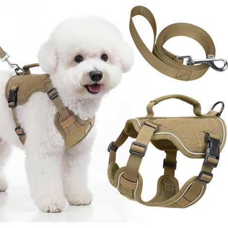 Harnais Chien avec Laisse, Arnet pour Chien Réfléchissant Réglable Facile à Mettre, Respirante, sans Étranglement, Harnet pour Petits et Moyens Chiens pour Promenade, Harnais Chiot (Kaki, XS) (1/5)