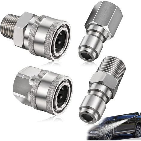 4 Pièces Coupleur de Nettoyeur Haute Pression, Pressure Washer Adapter Set, Adaptateur 1/4 Npt Pouces Mâle Femelle, en Acier Inoxydable, Pour Lance de Pulvérisation 5000 Psi (Argent) (1/5)