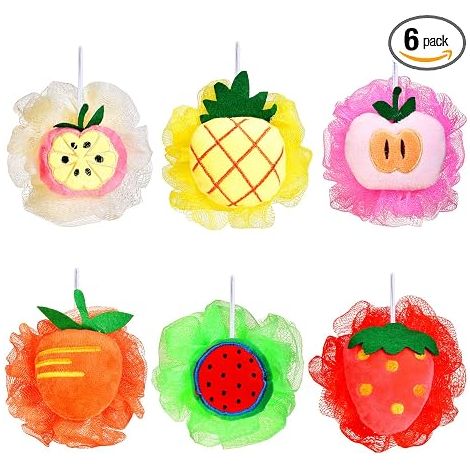 6 Pièces D'Éponges de Bain à Motifs de Fruits Mignons : Gants de Toilette en Maille, Boules de Bain Exfoliantes Colorées à Design Cartoon, 38.1 cm (1/5)