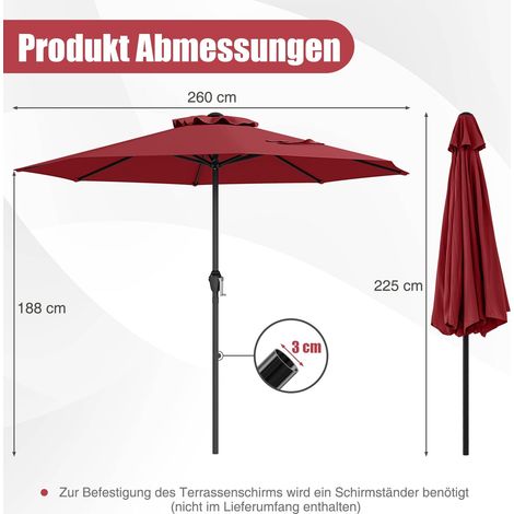 Sonnenschirm 250 cm mit Kurbel, 8 Streben, Burgunderrot