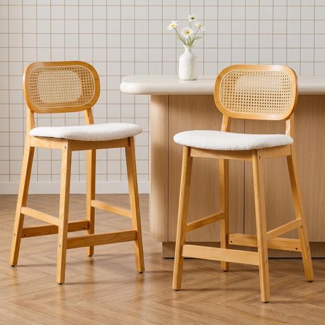 Wahson Lot de 2 tabourets de bar en bois massif avec coussins en fausse fourrure – Hauteur d'assise 65 cm – Style vintage pour cuisine et restaurant, Beige