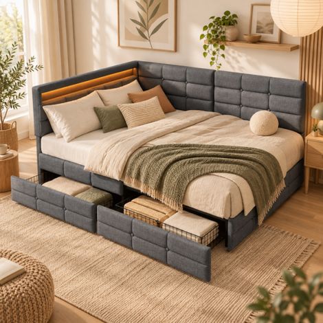 Canapé-lit 140x190-Lit avecavec dossier amovible (réversible)-cadre de lit double avec LED et USB/Type C-lit avec 2 tiroirs -lit 2 Personnes-tête de lit rembourré-MDF, Gris-lin (1/5)