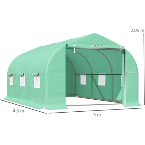 Gemüsegarten-Gewächshaus mit 6 Fenstern und Rolltor, Tunnelgewächshaus mit Schrägdach aus PE- und Stahlrohren, 4,5 x 3 x 2 m, Dunkelgrün