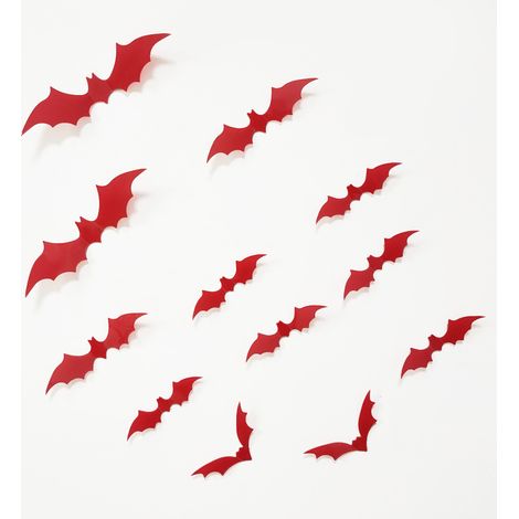 Lot de 12 autocollants muraux décoratifs pour fête d'Halloween, autocollants décoratifs 3D pour chauve-souris (rouge) (1/2)